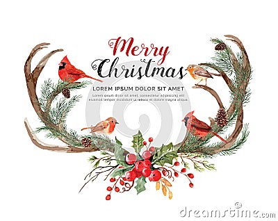 Watercolor antler reindeer with birds Christmas. Editorial Stock Photo