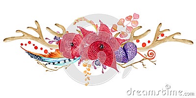 Watercolor antler with succulent, cactus, flower and feather. Stock Photo