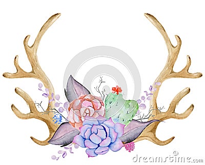 Watercolor antler with succulent, cactus, and leaves. Stock Photo