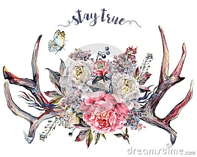 Watercolor Antlers and Flowers. Boho Decoration Vector Illustration