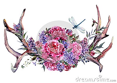 Watercolor Antlers and Flowers. Boho Decoration Vector Illustration