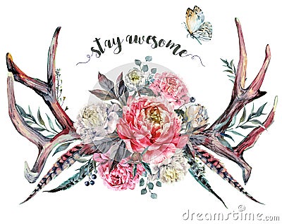 Watercolor Antlers and Flowers. Boho Decoration Vector Illustration