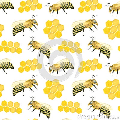 Watercolor apiculture seamless pattern. Hand drawn honeycomb and bees isolated on white background. Design for textile, fabrics, Stock Photo