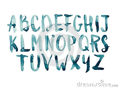 Watercolor aquarelle font type handwritten hand drawn doodle abc alphabet uppercase letters. Stock Photo