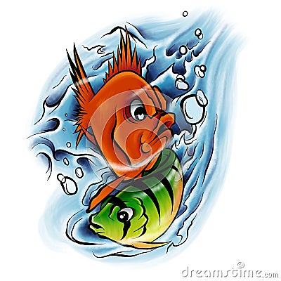 Watercolor aquatic underwater colorful tropical fish set. Red sea and exotic fishes inside. Stock Photo