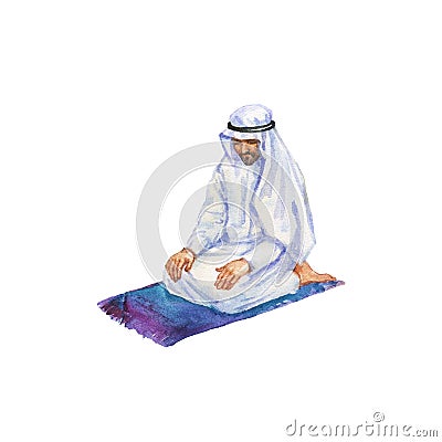 Watercolor arabian man praying namaz in mosque. Hand drawn ramadan kareem illustration Cartoon Illustration