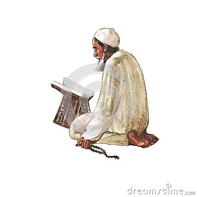 Watercolor arabian old man praying namaz in mosque. Hand drawn ramadan kareem illustration Cartoon Illustration