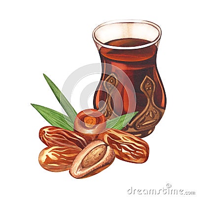 Watercolor arabian tea cup and dry palm dates fruit. Hand-drawn illustration isolated on white background. Perfect for Cartoon Illustration