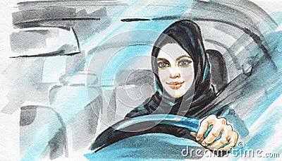 Watercolor arabian woman drive a car Cartoon Illustration