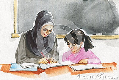 Watercolor arabian woman teacher and pupil Cartoon Illustration