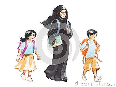Watercolor arabian woman teacher and students Cartoon Illustration
