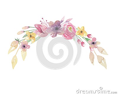 Watercolor Arch Floral Pink Bouquet Purple Flowers Leaves Green Arrangement Stock Photo