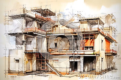 Watercolor architectural sketch of a three-storey house with an open balcony Stock Photo