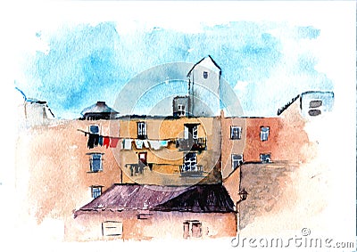 Watercolor architecture painting, urban sketch. Horizontal drawing of European city. House illustration. Hand drawn buildings. Cartoon Illustration