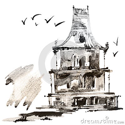 Watercolor architecture sketch Cartoon Illustration