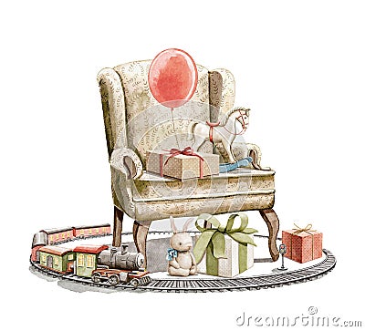 Watercolor armchair with festive colorful happy birthday objects and toys Cartoon Illustration