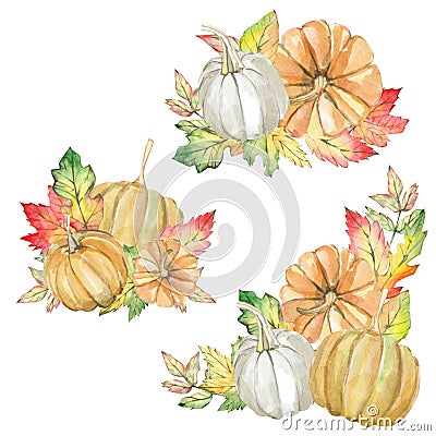 Watercolor arragement set autumn elements leaves, branches, pumpkins. Stock Photo