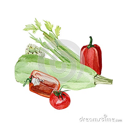 Watercolor arragement vegetable healthy food. Hand painted vegeterian eco food for design menu, veggie blog Stock Photo