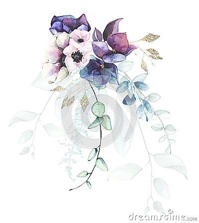 Watercolor arrangement with blue, green, turquoise, violet, pink flowers, branches, leaves, gold dust graphic elements. Stock Photo