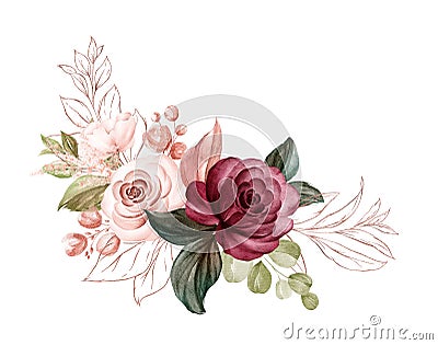 Watercolor arrangement of soft brown and burgundy roses with glitter line leaves. Botanic decoration illustration for wedding card Cartoon Illustration