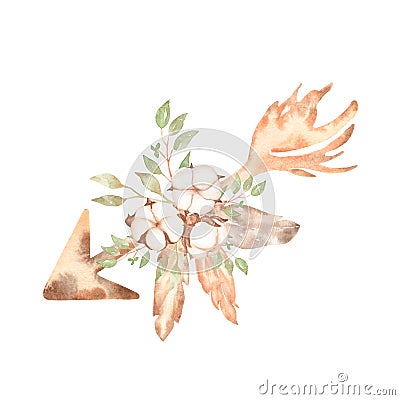 Watercolor arrow illustration with cotton, leaves branch and feathers. Vintage style in beige colors composition.Greenery clip Cartoon Illustration