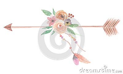 Watercolor Arrows Flowers Floral Painted Bouquet Feathers Berries Stock Photo