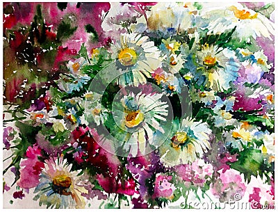 Watercolor art background creative fresh textured chamomile flowers meadow wet wash blurred overflow chaos fantasy Stock Photo