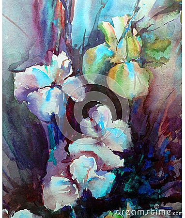 Watercolor art background colorful flower bouquet iris wet wash blurred Stock Photo