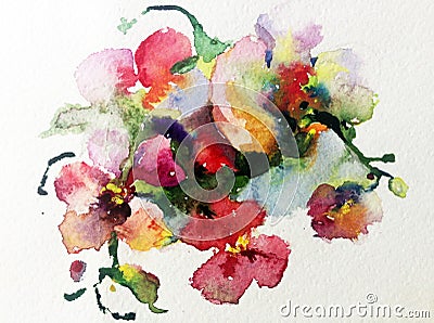 Watercolor art background colorful yellow red flower orchid violet pink romantic Stock Photo