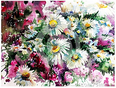 Watercolor art background creative fresh textured chamomile flowers meadow wet wash blurred overflow chaos fantasy Stock Photo
