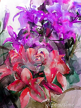 Watercolor art background creative fresh vibrant textured floral flowers bouquet violet pink lilies Stock Photo