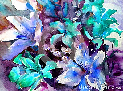 Watercolor art background flowers bouquet lilies creative fresh textured wet wash blurred overflow chaos fantasy Stock Photo