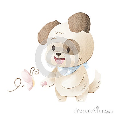 Watercolor art of cartoon dog playing butterfly Vector Illustration