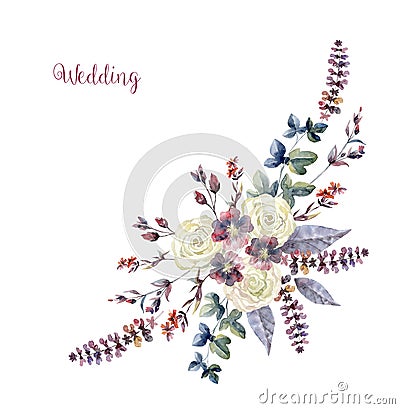 Watercolor art with fresh flower bouquet for wedding. Cartoon Illustration