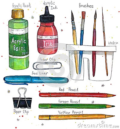 Watercolor art supplies brushes, paper clip, pencils, acrylic ink and paint, brush washer. Cartoon Illustration