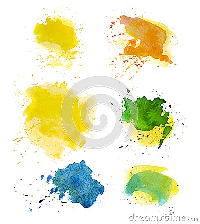 Watercolor artistic abstract paint drops collection isolated on white background. Stock Photo