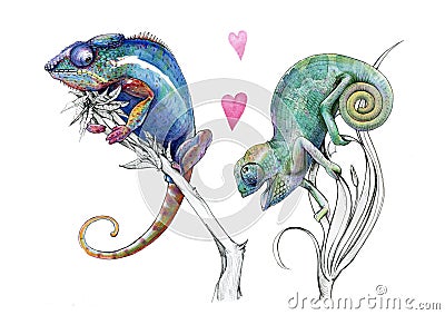 Watercolor artistic chameleons in love Stock Photo