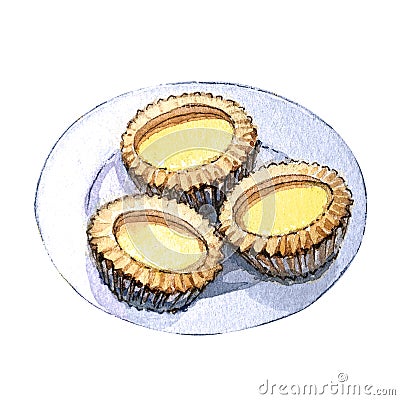 Watercolor asian food dim sum, sweet tart. Stock Photo