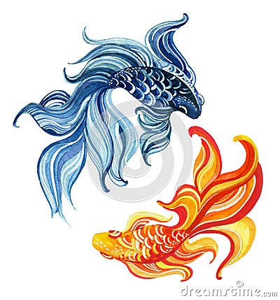 Watercolor asian goldfishes Cartoon Illustration
