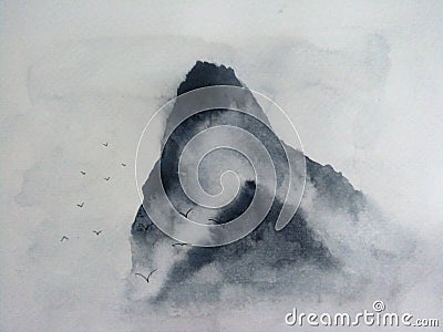 Watercolor asian ink landscape chinese mountain fog . Traditional oriental. asia art style. on paper background. Stock Photo