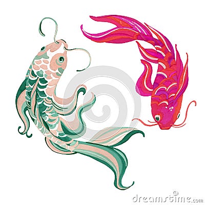 Watercolor asian koi isolated on white background Cartoon Illustration