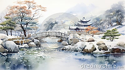 Watercolor Asian Landscape Painting: Winter In A Mountain With Pagoda And Bridge Stock Photo