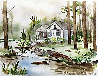 Watercolor of assessing Storm fallen debris Stock Photo