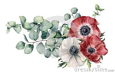 Watercolor asymmetric bouquet with anemone and eucalyptus. Hand painted red and white flowers, eucalyptus leaves and Stock Photo