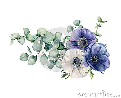 Watercolor asymmetric bouquet with eucalyptus and anemone. Hand painted blue and white flowers, eucalyptus leaves and Stock Photo