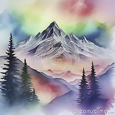 Watercolor of Aurora over the Mountain painting with Rubbing Alcohol technique. AI-Generated. Cartoon Illustration