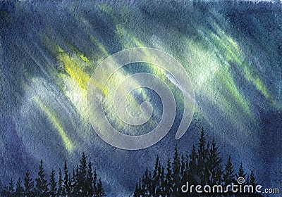 Watercolor aurora polaris Cartoon Illustration