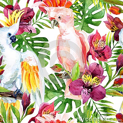 Watercolor Australian Cockatoo seamless pattern Stock Photo