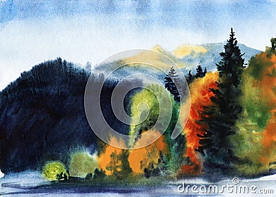 Watercolor autumn blurry landscape. Bright spots of colorful leafy trees among dark silhouettes of coniferous trees and distant Cartoon Illustration