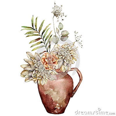 Watercolor autumn bouquet in vase of flowers and dry anise. Hand painted dahlia, rose and leaves isolated on white Cartoon Illustration